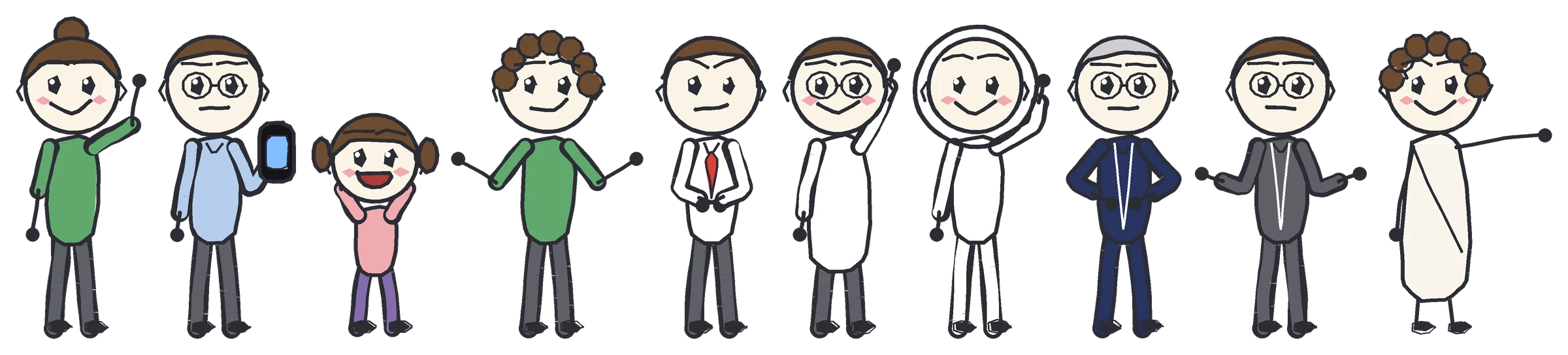 The supporting cast of the videos standing in a row: parents, a cousin, a friend, a boss, a scientist, an astronaut, a principal and more.