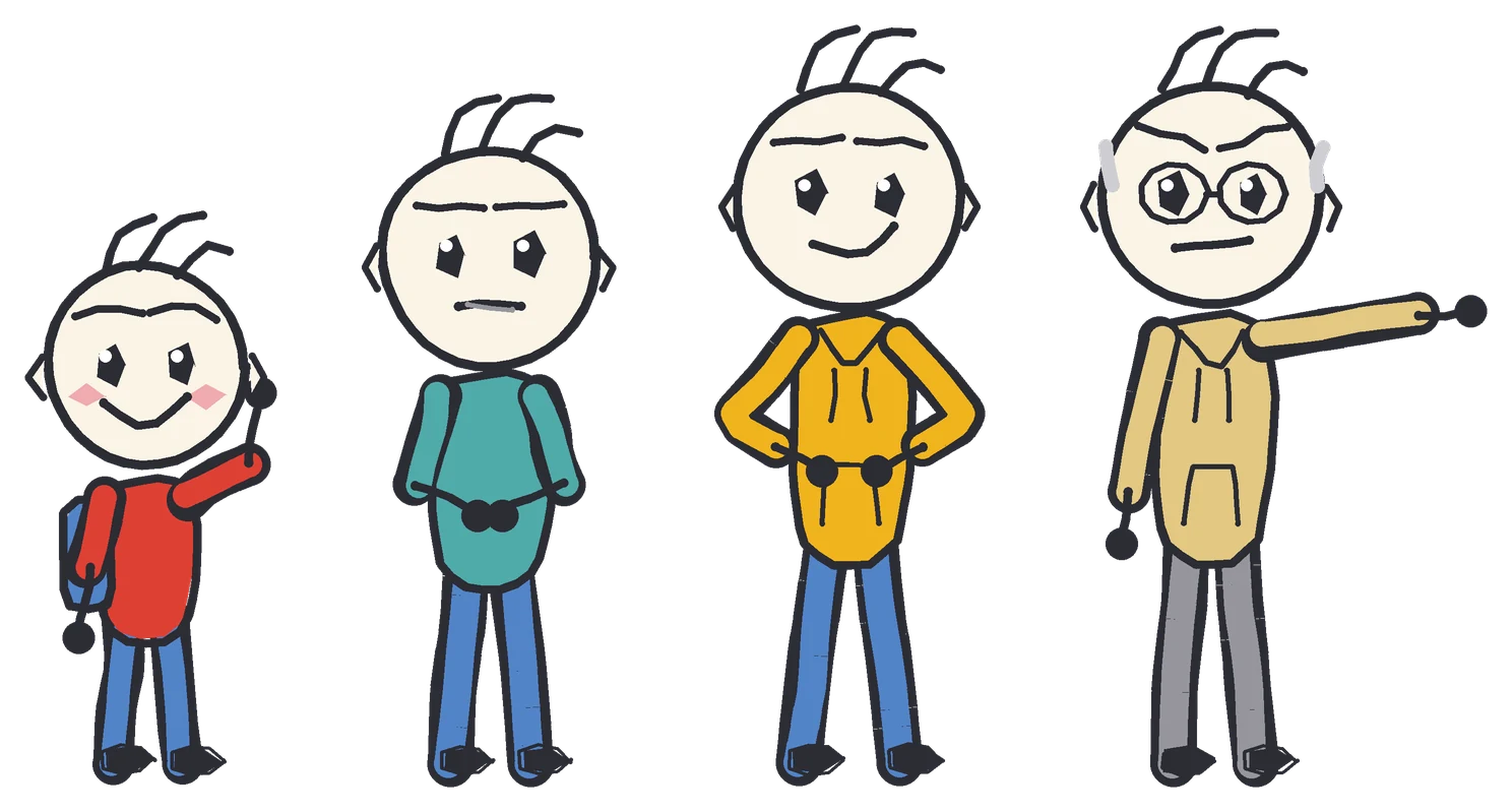 Four drawings of Zee in a row: a small kid with a backpack, a 12-year-old with braces, an adult in a yellow hoodie, and an old Zee with glasses