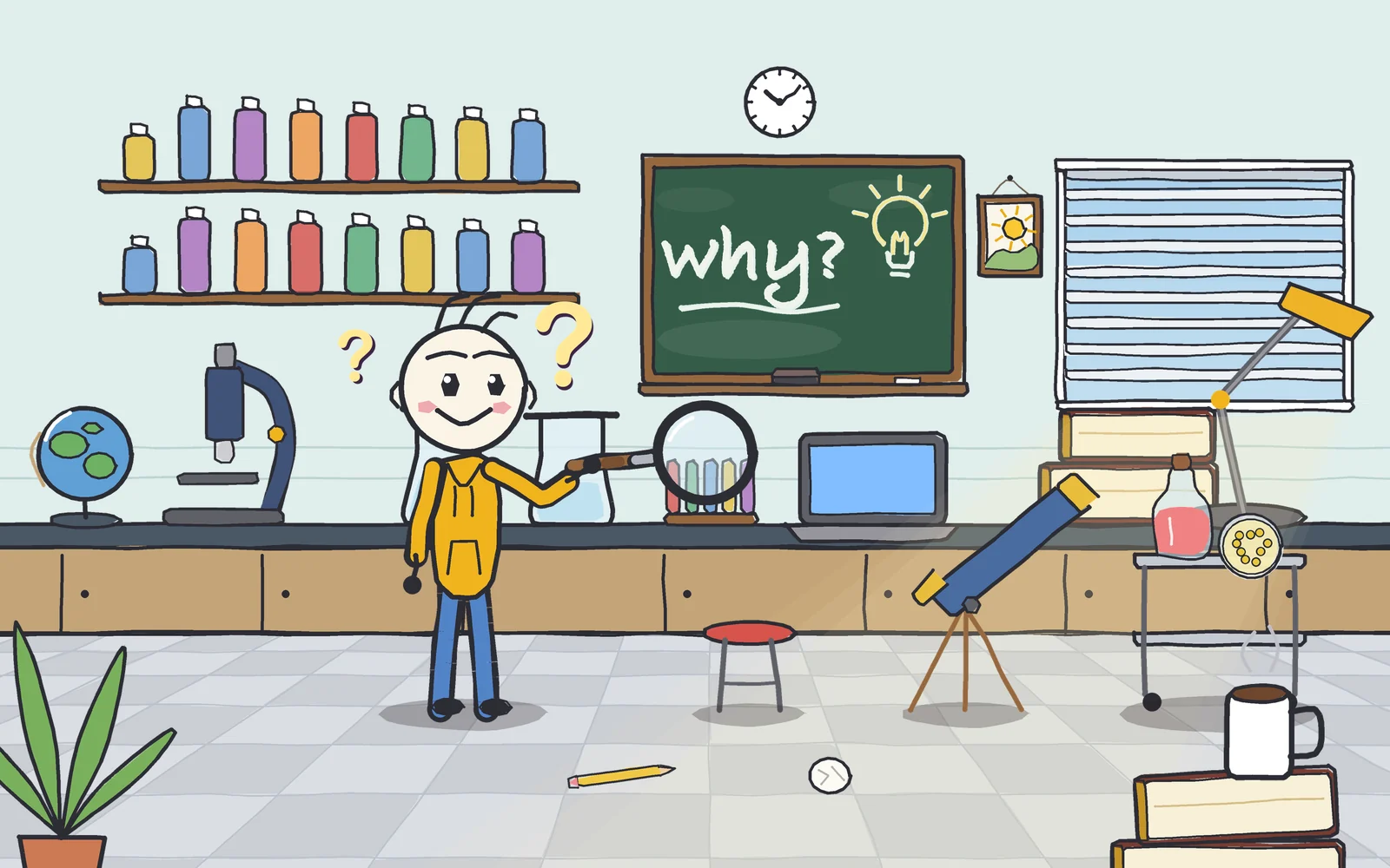 Zee, a stick figure in a yellow hoodie, holds up a magnifying glass in a drawn science classroom, next to a chalkboard that says why?