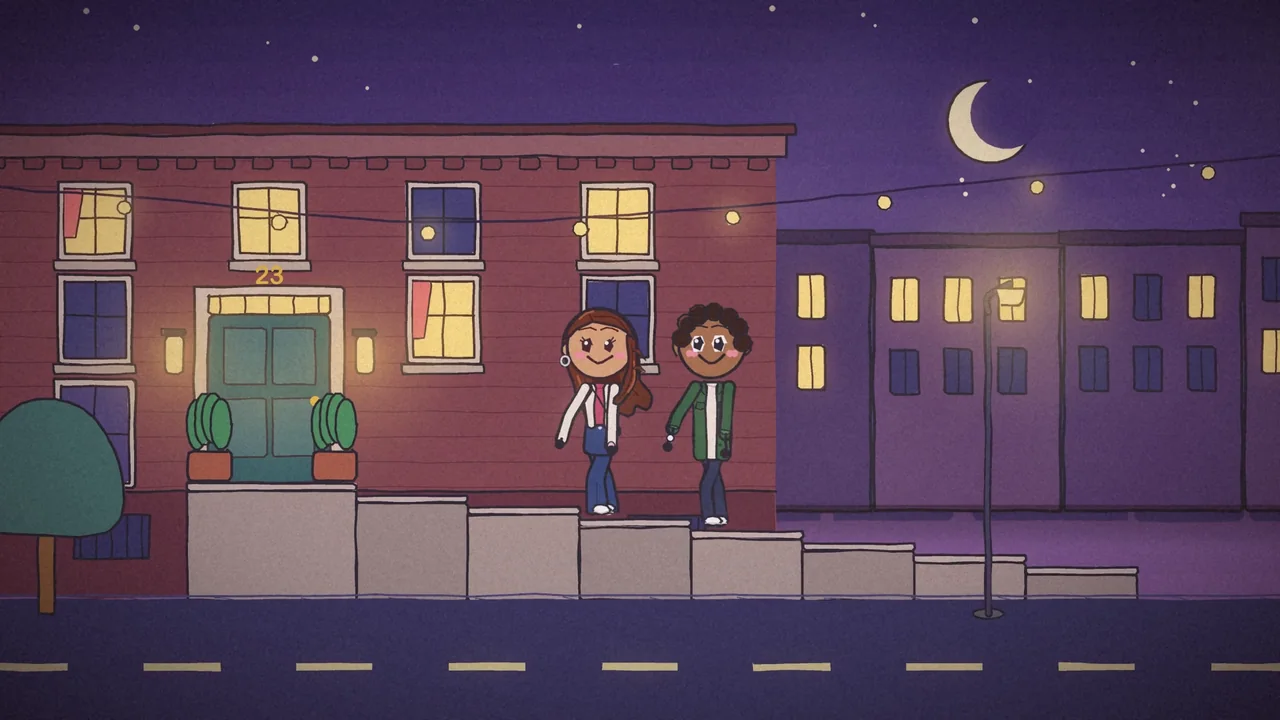 Ruby and Leo on a stoop at night in front of a brick house, from the dating video.