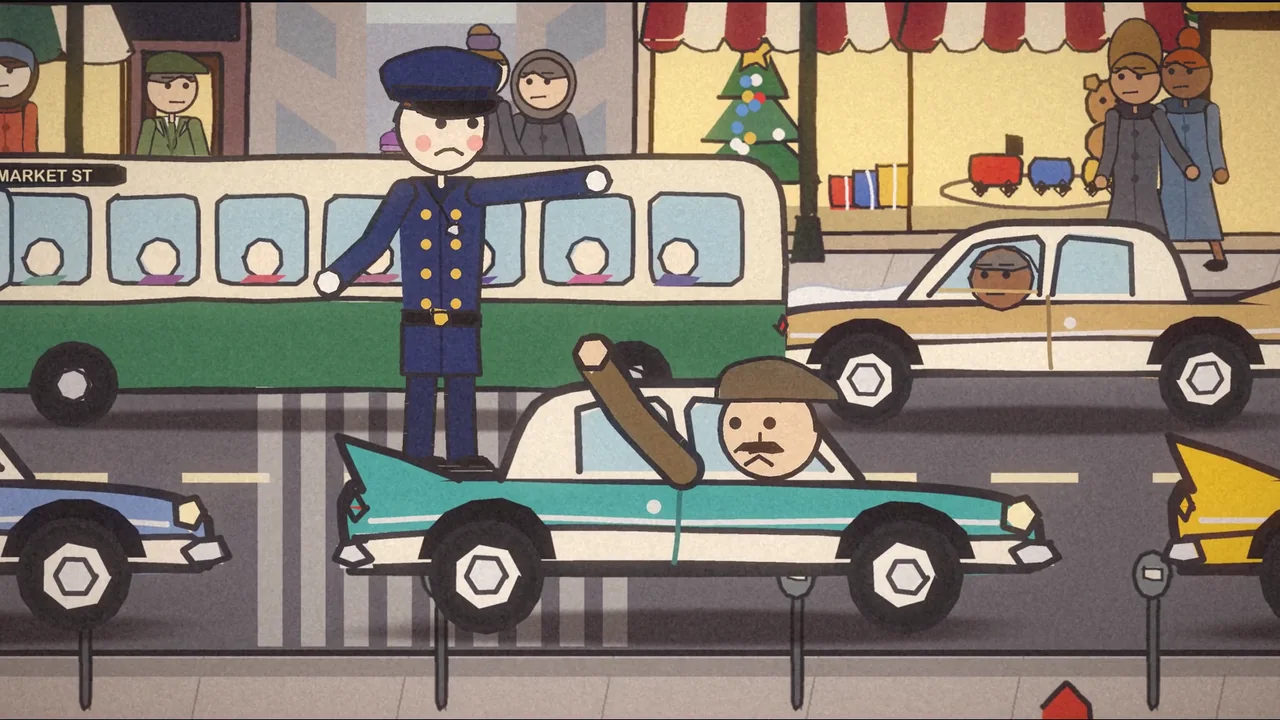 A police officer waves traffic past buses and cars on a crowded shopping street, from the Black Friday video.