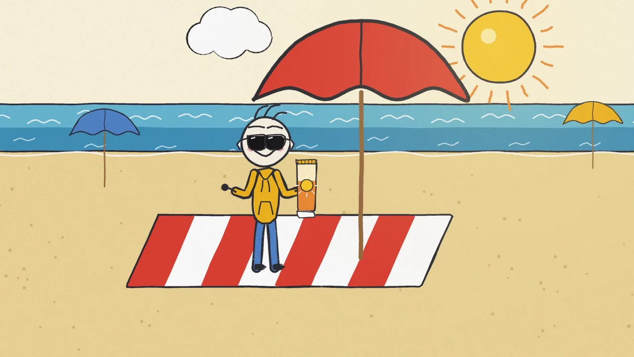Zee on a beach under a red umbrella, holding sunscreen, from the sunlight video.