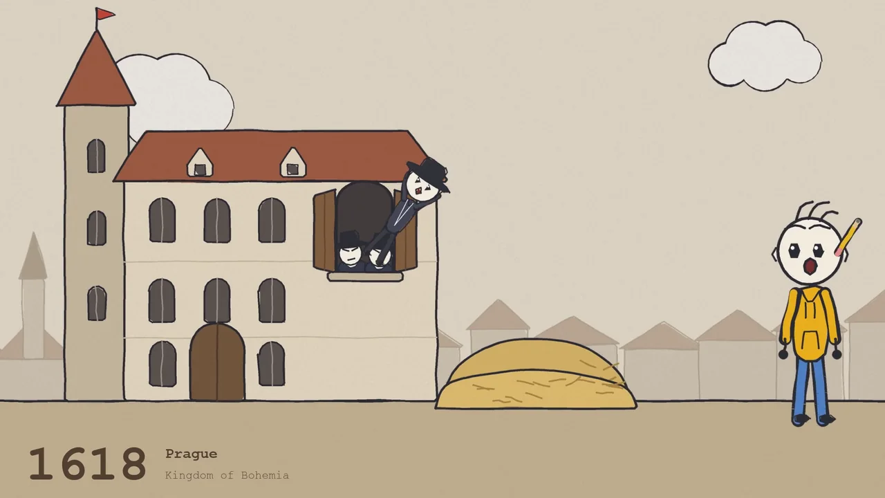 A tower and a house on a hill in Prague, 1618, with figures at a window, from the wars video.