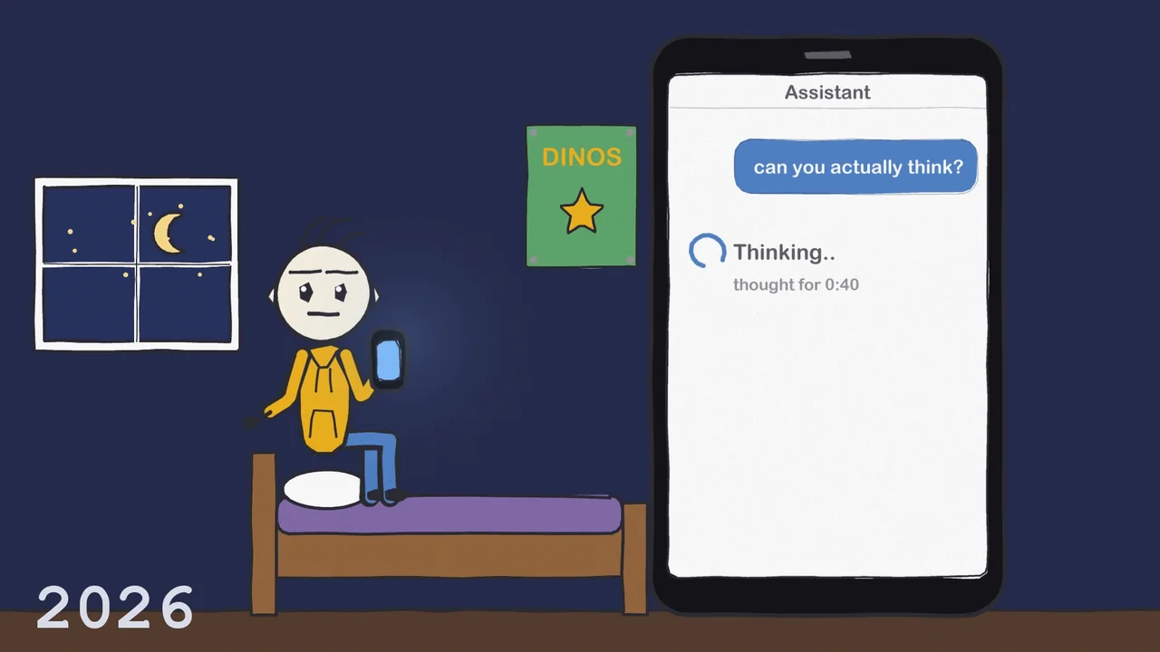 Zee sitting on a bed at night, asking a chat assistant if it can actually think, from the AI history video.