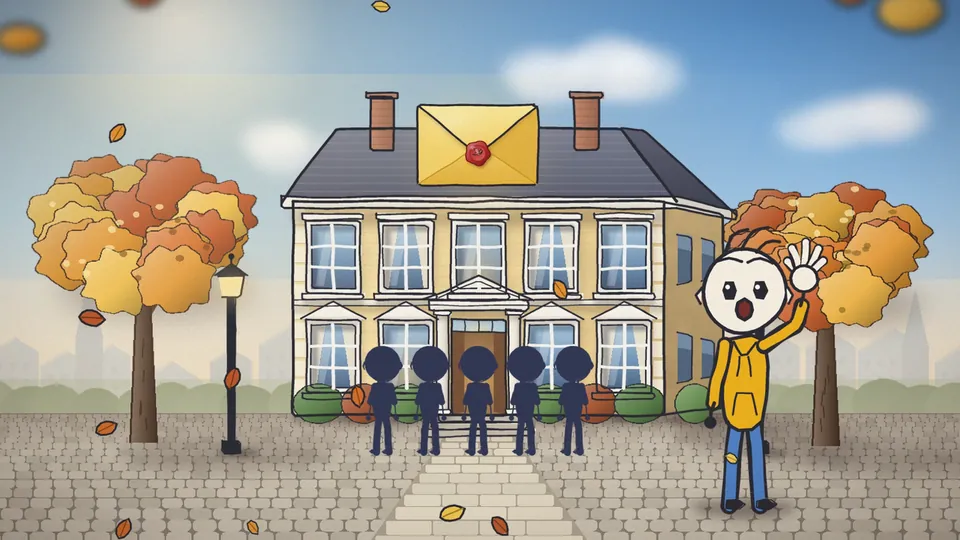 An illustrated frame from the video: Zee waves outside a grand building under autumn trees, a sealed letter on its roof.